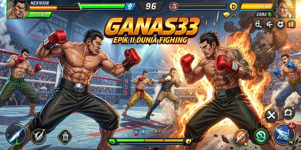 Tangkapan layar utama <strong>GANAS33</strong> menampilkan pertarungan seru antar karakter.