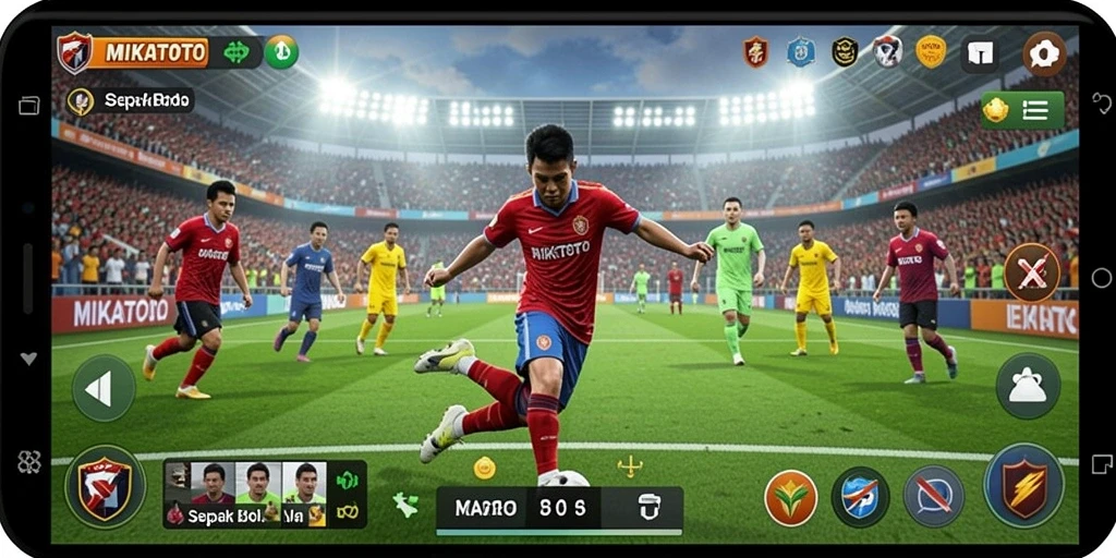 Screenshot gameplay MIKATOTO menampilkan aksi sepak bola yang mendebarkan.
