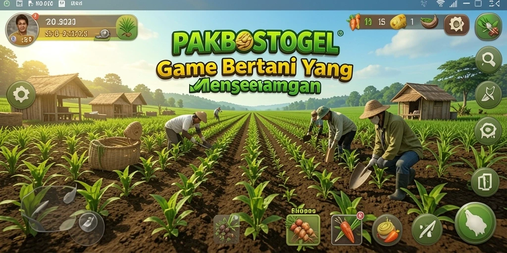 Screenshot gameplay PAKBOSTOGEL menampilkan suasana bertani yang ceria.