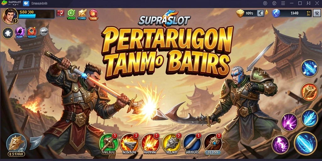 Tangkapan layar gameplay SUPRASLOT menampilkan pertarungan menarik antara karakter-karakter kuat.