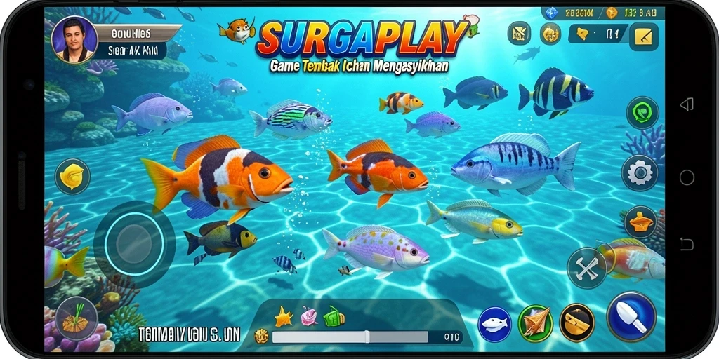 Screenshot gameplay SURGAPLAY menampilkan aksi menembak ikan yang seru.