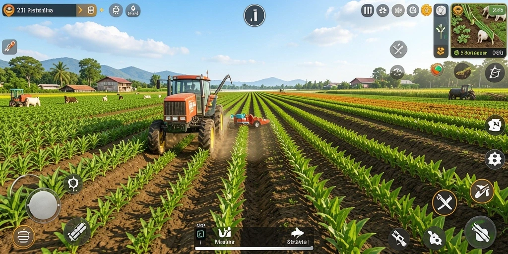 Screenshot V21 menampilkan aktivitas seru di lahan pertanian.